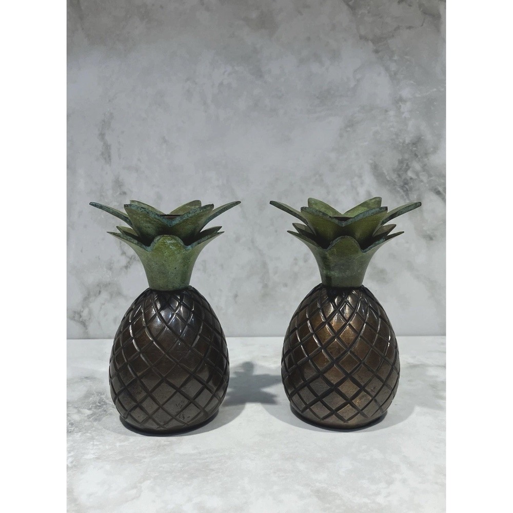 2 Tommy Bahama Pineapple Candle Holder Caribbean Decor Brass Candlestick Taper‎